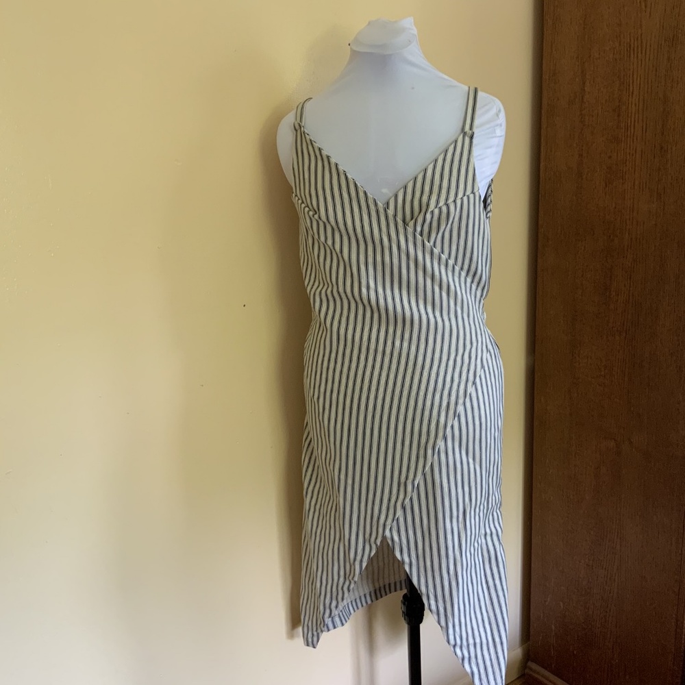 Handmade Linen Striped Wrapped Dress Gray and Blue